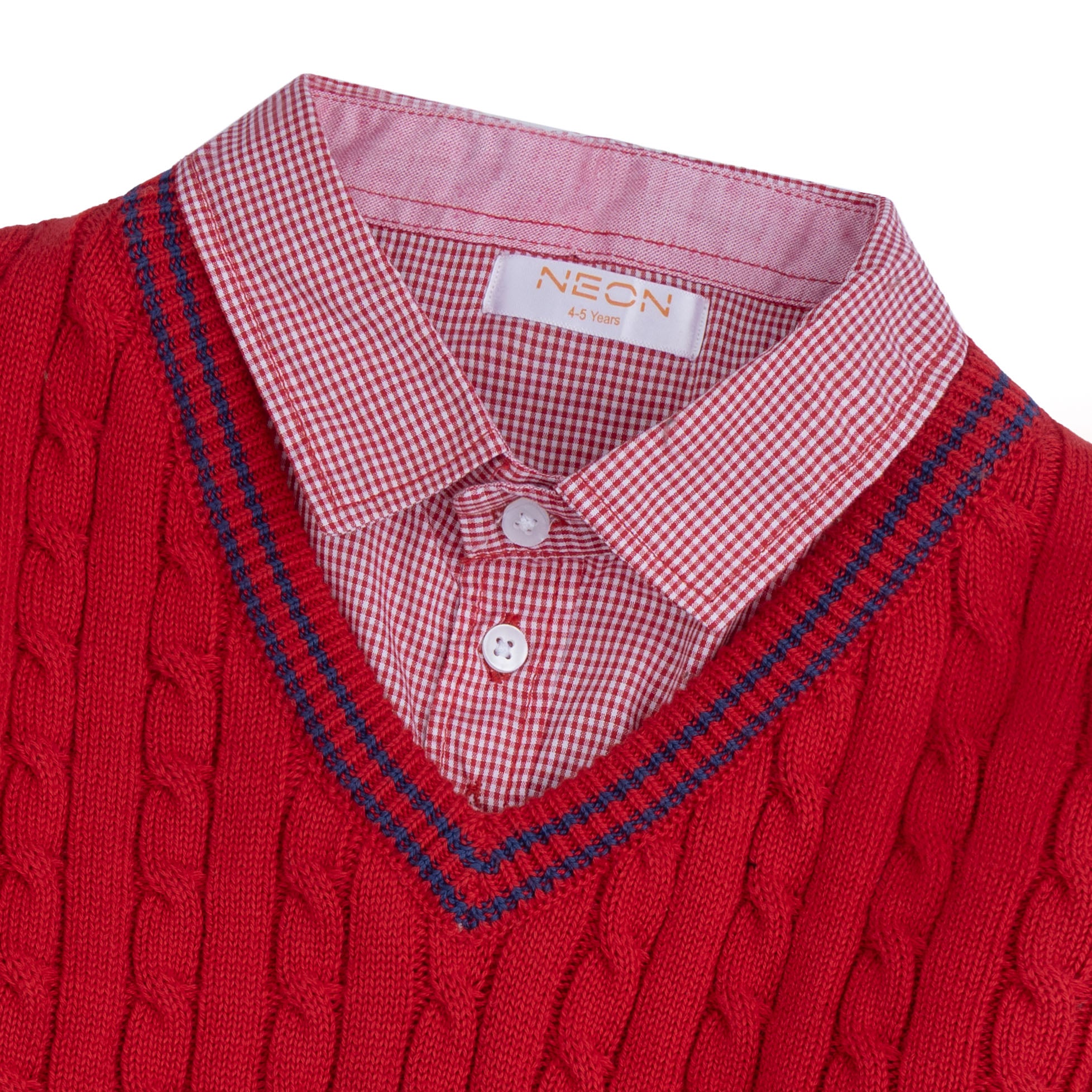 Close-up view of the checked shirt collar, button placket and navy-striped V-neck on the boys red cable-detail sweater.