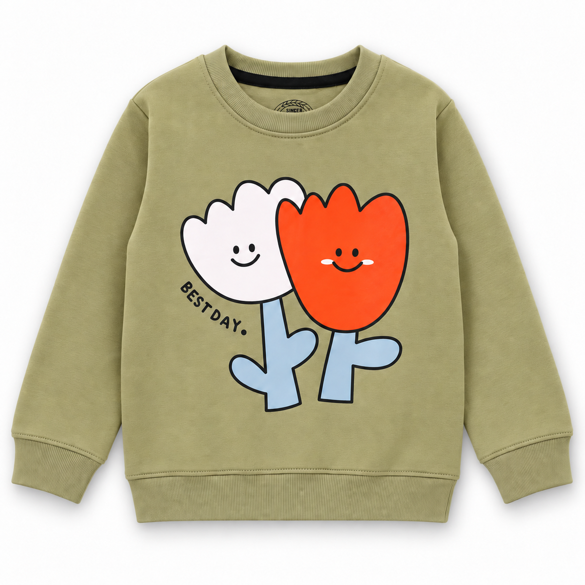 Front view of girls olive green fleece sweatshirt with colorful smiling flower graphic