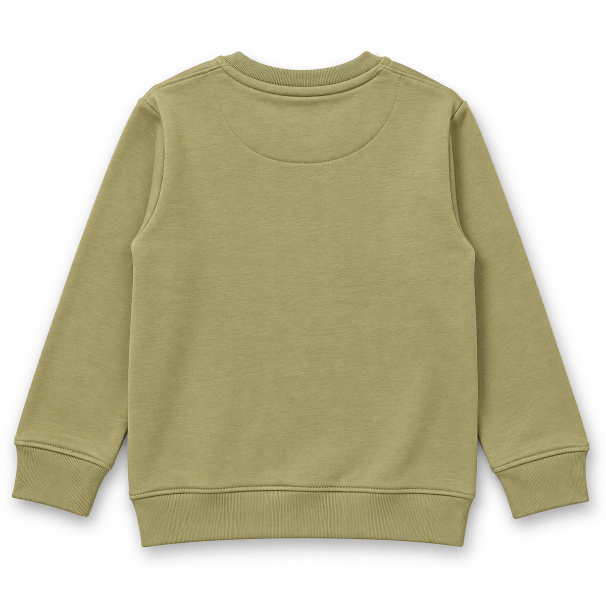 Back view of girls olive green fleece sweatshirt with ribbed neckline, cuffs and hem