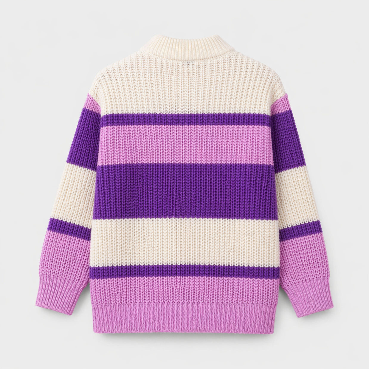 Back view of the girls acrylic sweater, showing broad cream, purple and orchid-pink stripes with a ribbed mock neckline and textured knit finish.