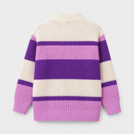 Back view of the girls acrylic sweater, showing broad cream, purple and orchid-pink stripes with a ribbed mock neckline and textured knit finish.
