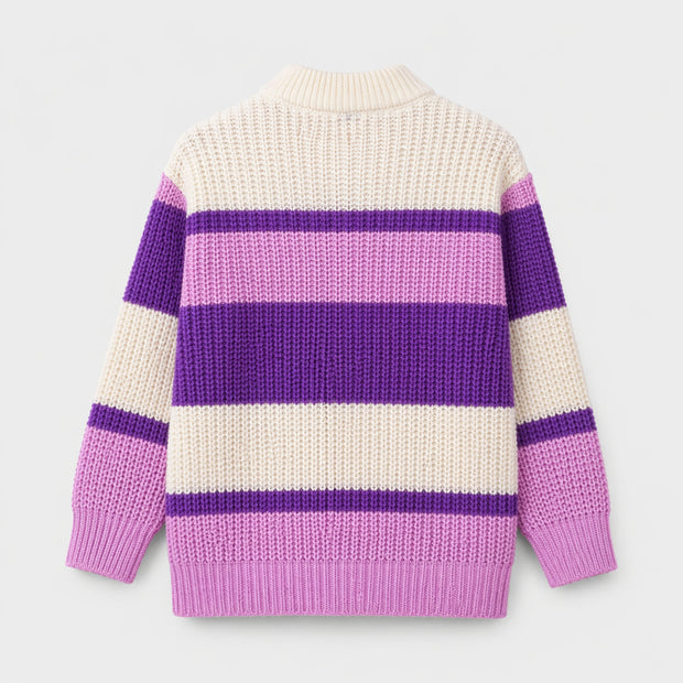 Back view of the girls acrylic sweater, showing broad cream, purple and orchid-pink stripes with a ribbed mock neckline and textured knit finish.