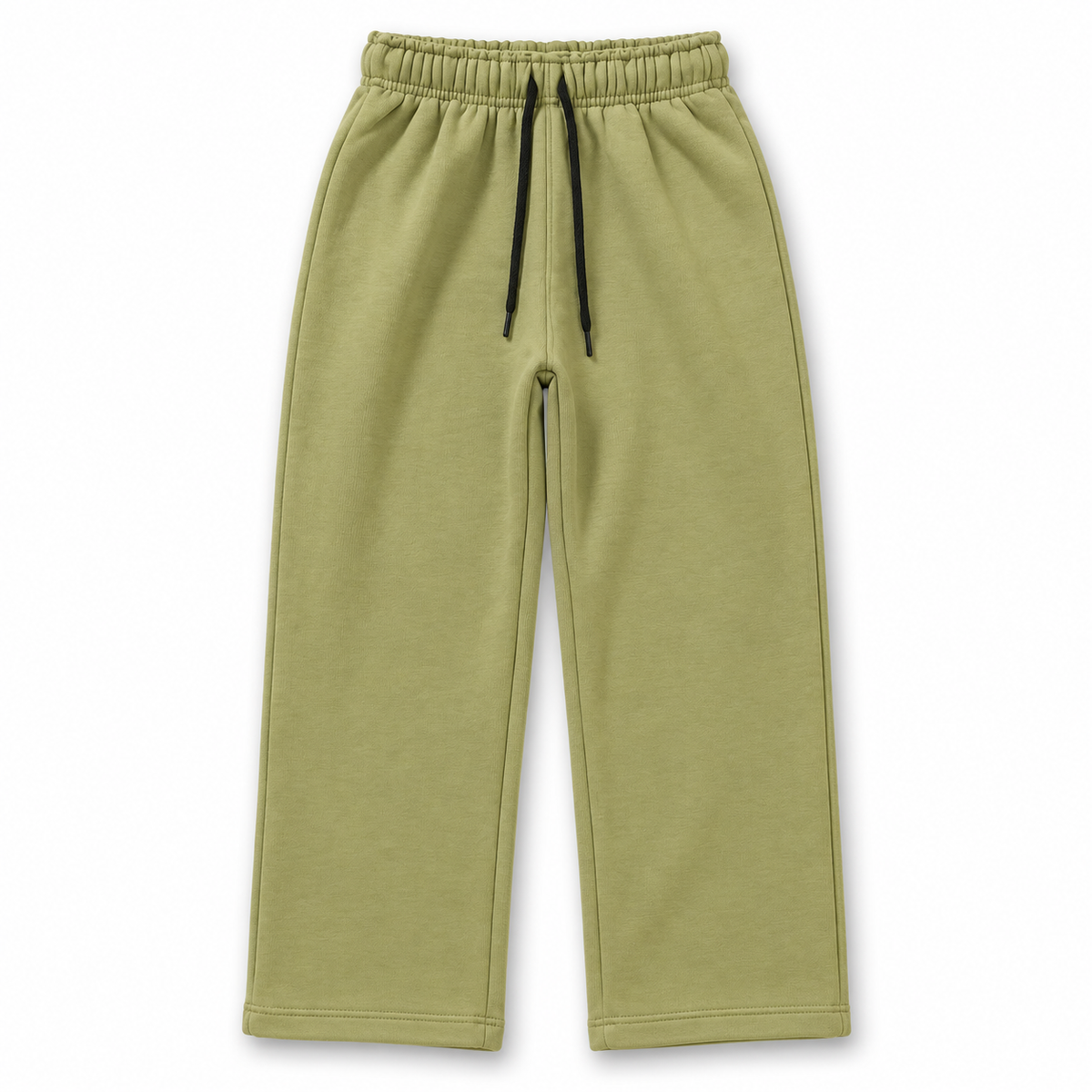 Front view of girls olive green fleece trousers with elasticated waist and black drawstring