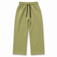 Front view of girls olive green fleece trousers with elasticated waist and black drawstring