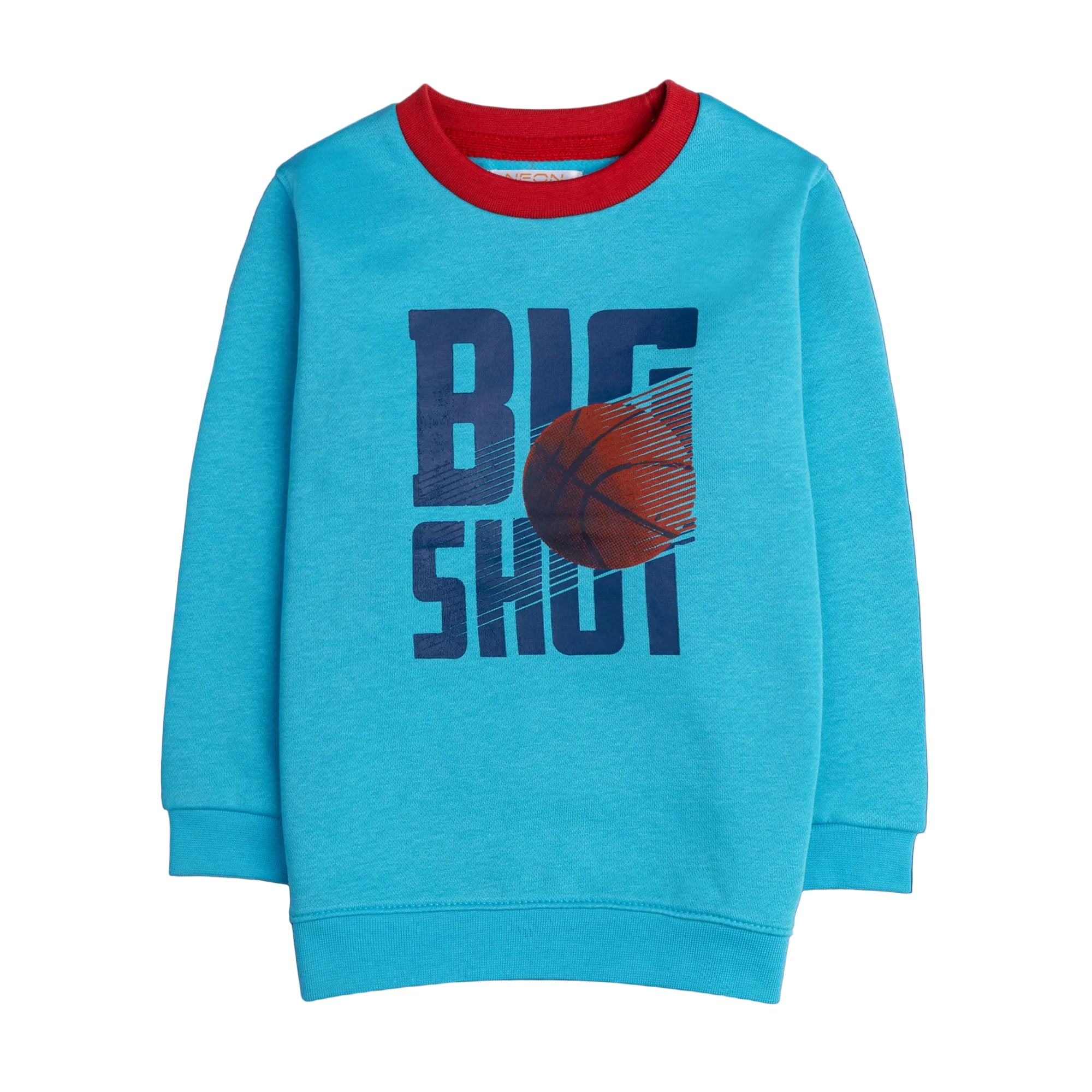 Turquoise blue fleece sweatshirt for boys featuring a contrast red crew neckline, Big Shot basketball graphic and ribbed trims.