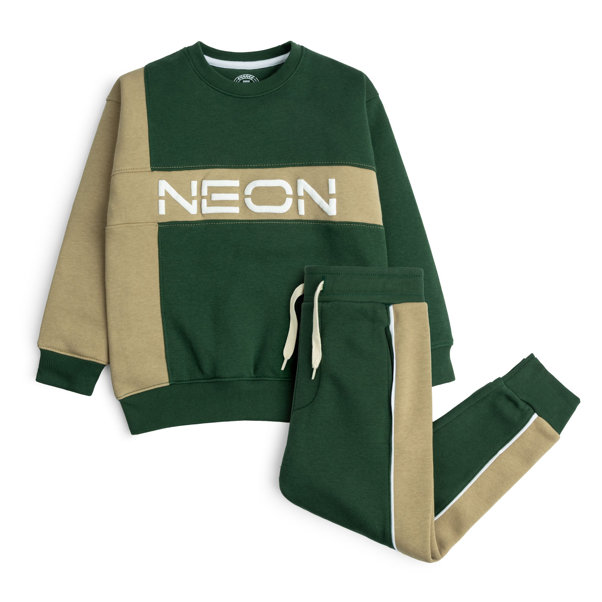 Boys forest green and khaki color block sweatshirt and jogger set