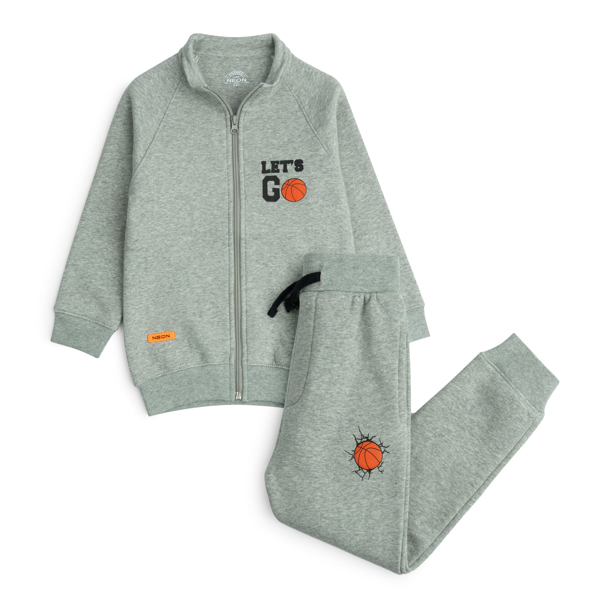 Grey boys’ fleece zip jacket and jogger set with black and orange basketball graphics, stand collar and drawstring waist.
