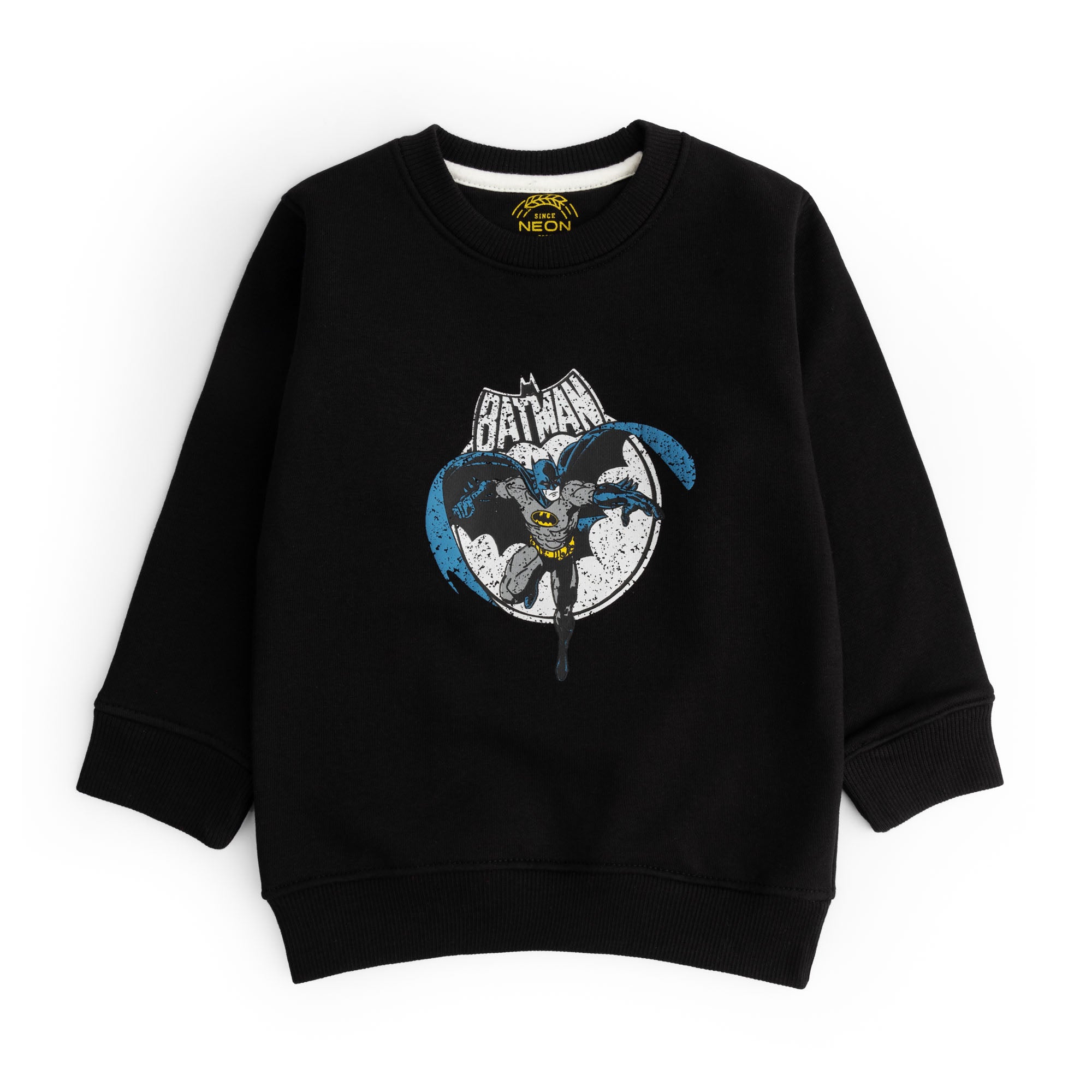 Boys black fleece sweatshirt featuring a bold Batman graphic print, classic crew neck, long sleeves, ribbed cuffs and ribbed hem.