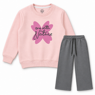 Girls blush pink and charcoal grey fleece co-ord set with graphic sweatshirt and straight-leg trousers