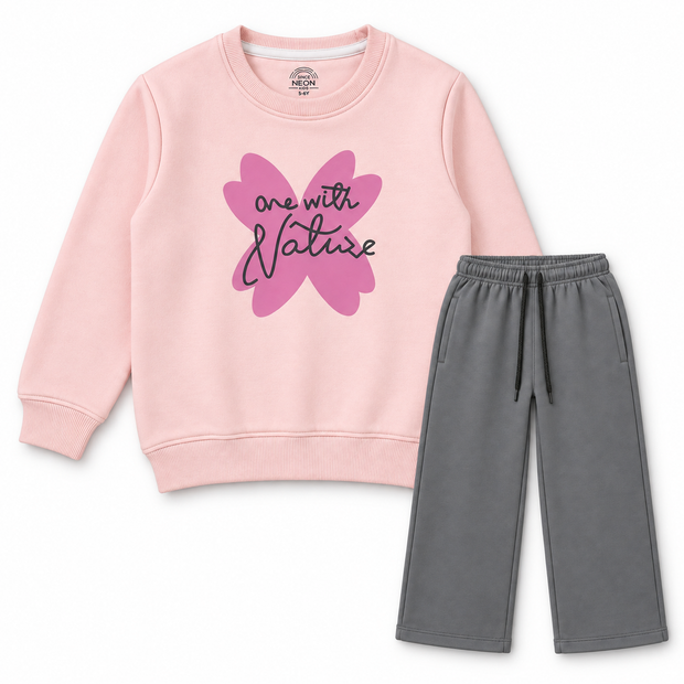 Girls blush pink and charcoal grey fleece co-ord set with graphic sweatshirt and straight-leg trousers