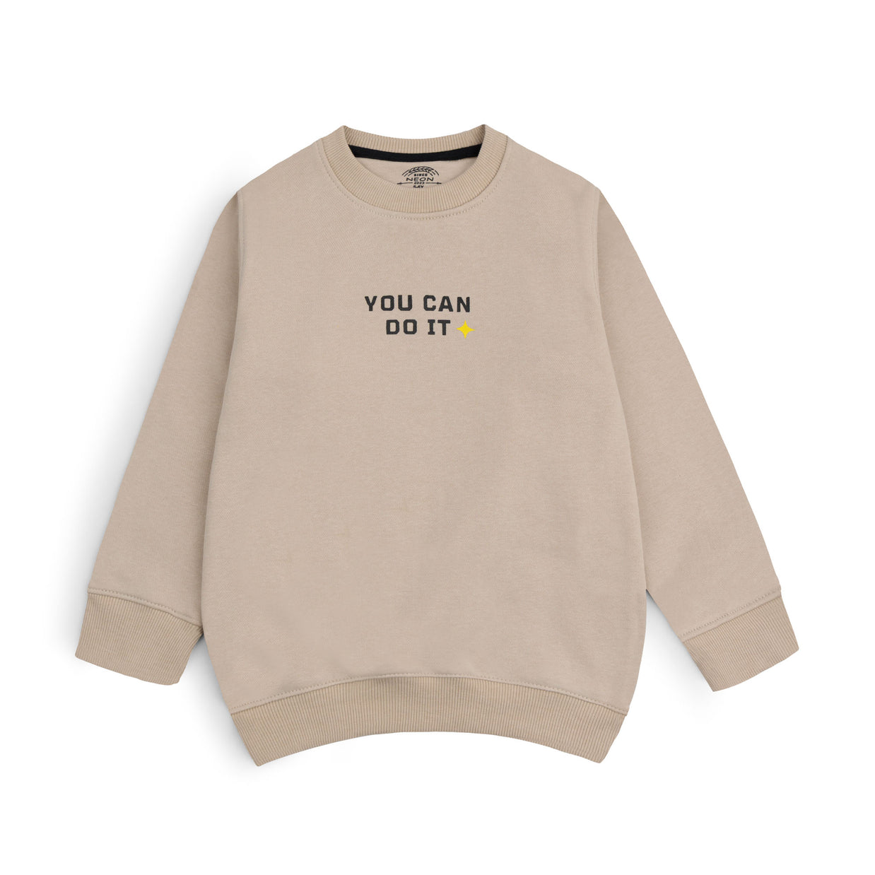 Beige fleece sweatshirt for boys featuring a minimal You Can Do It chest graphic and ribbed neckline, cuffs and hem.