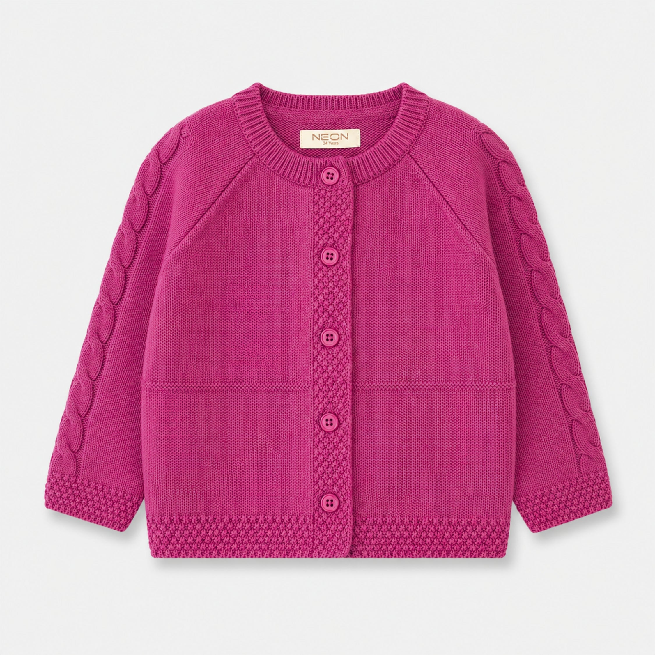 Front view of the Cable Knit Button-Down Cardigan for girls, featuring cable-knit raglan sleeves, a round neckline and matching deep pink buttons.
