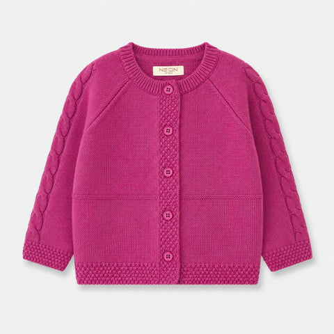 Front view of the Cable Knit Button-Down Cardigan for girls, featuring cable-knit raglan sleeves, a round neckline and matching deep pink buttons.