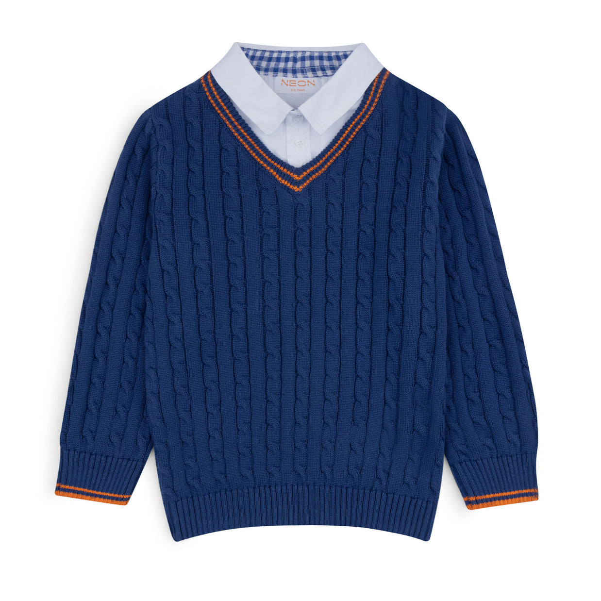 Boys blue cotton sweater featuring cable details, an attached white shirt collar, a V-neck, orange stripes and ribbed edges.