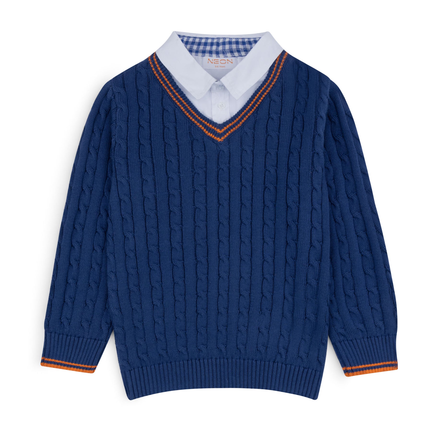 Boys blue cotton sweater featuring cable details, an attached white shirt collar, a V-neck, orange stripes and ribbed edges.
