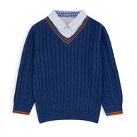 Boys blue cotton sweater featuring cable details, an attached white shirt collar, a V-neck, orange stripes and ribbed edges.