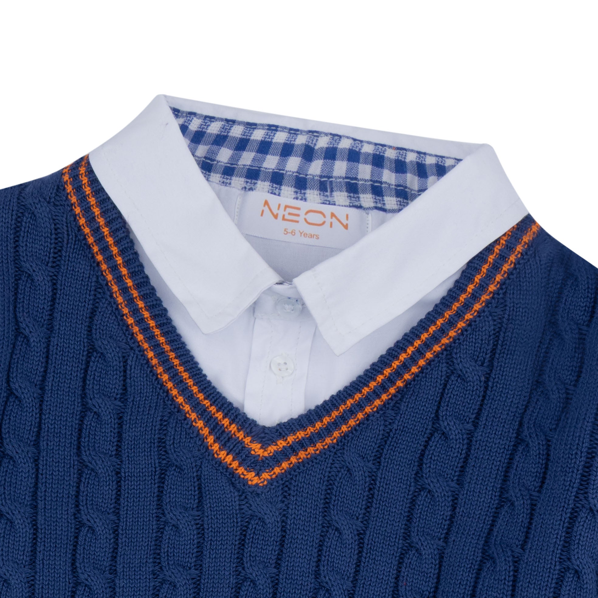 Close-up view of the attached white shirt collar, button placket and orange-striped V-neck on the boys’ blue cable-detail sweater.