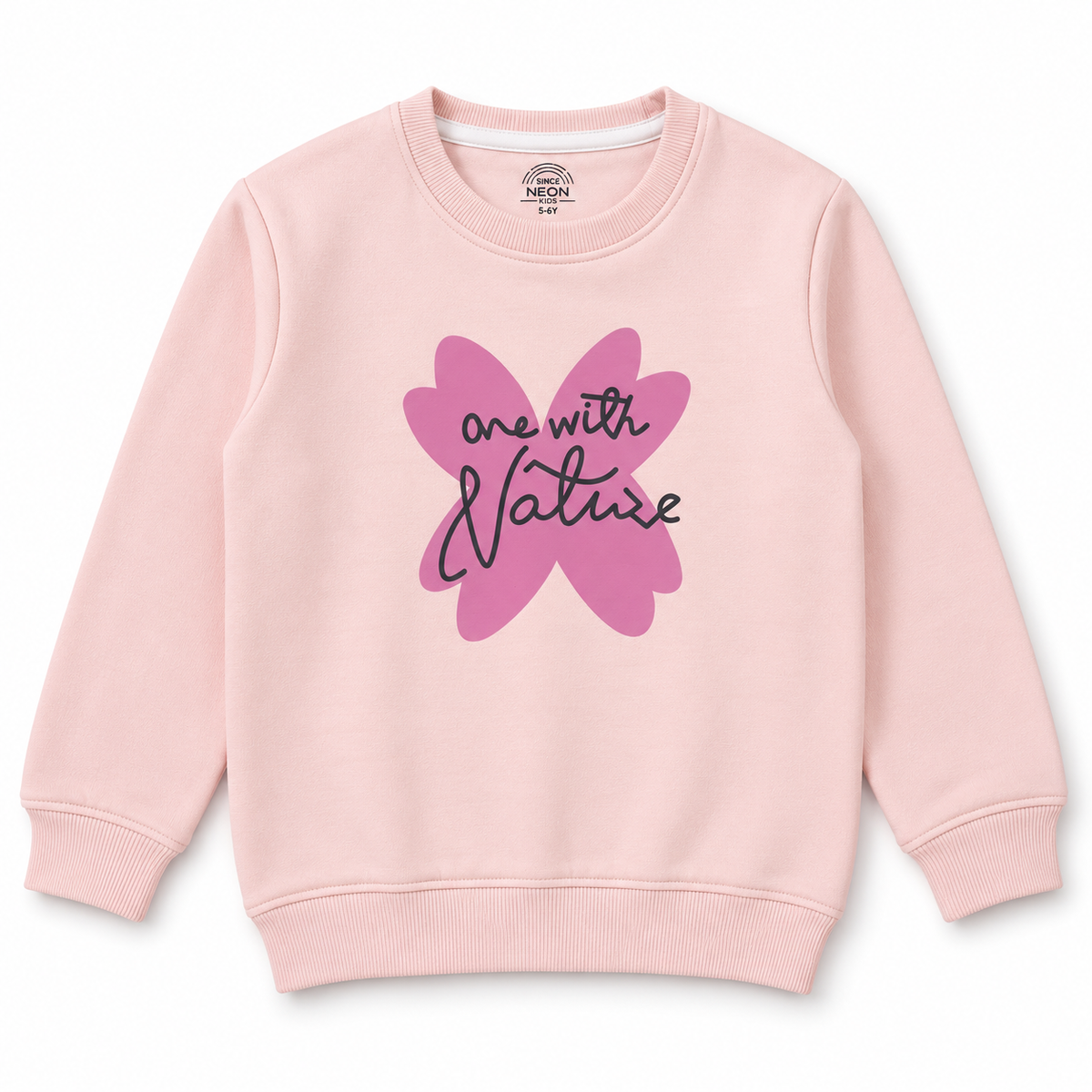 Front view of girls blush pink fleece sweatshirt with pink graphic and black script detail