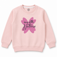 Front view of girls blush pink fleece sweatshirt with pink graphic and black script detail