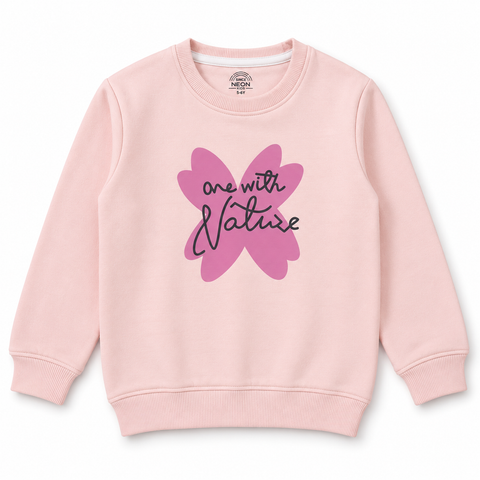 Front view of girls blush pink fleece sweatshirt with pink graphic and black script detail