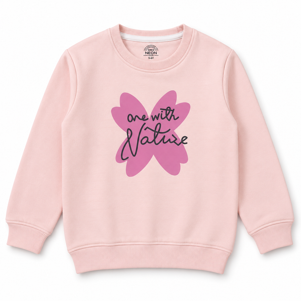 Front view of girls blush pink fleece sweatshirt with pink graphic and black script detail