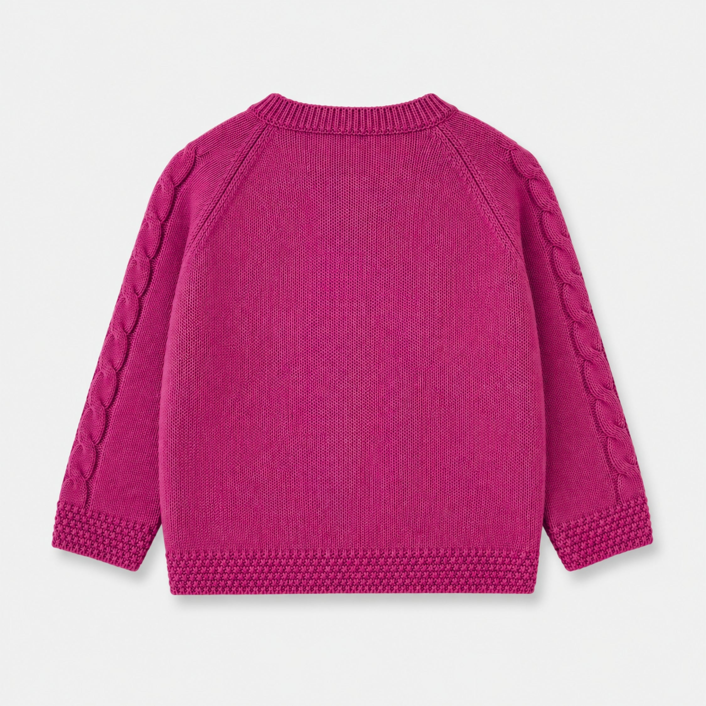Back view of the Cable Knit Button-Down Cardigan for girls, displaying a smooth knitted body, cable-detailed sleeves and textured ribbed finishes.