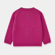 Back view of the Cable Knit Button-Down Cardigan for girls, displaying a smooth knitted body, cable-detailed sleeves and textured ribbed finishes.