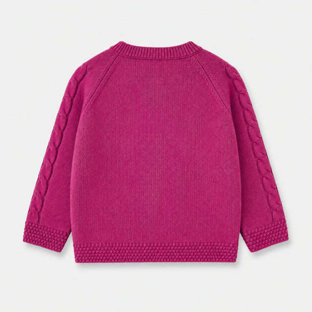 Back view of the Cable Knit Button-Down Cardigan for girls, displaying a smooth knitted body, cable-detailed sleeves and textured ribbed finishes.