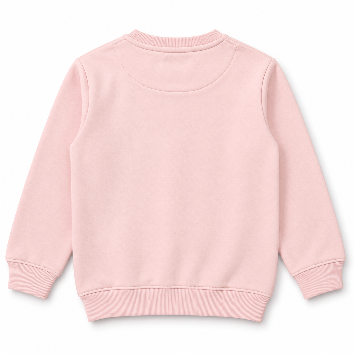 Back view of girls blush pink fleece sweatshirt with ribbed neckline, cuffs and hem