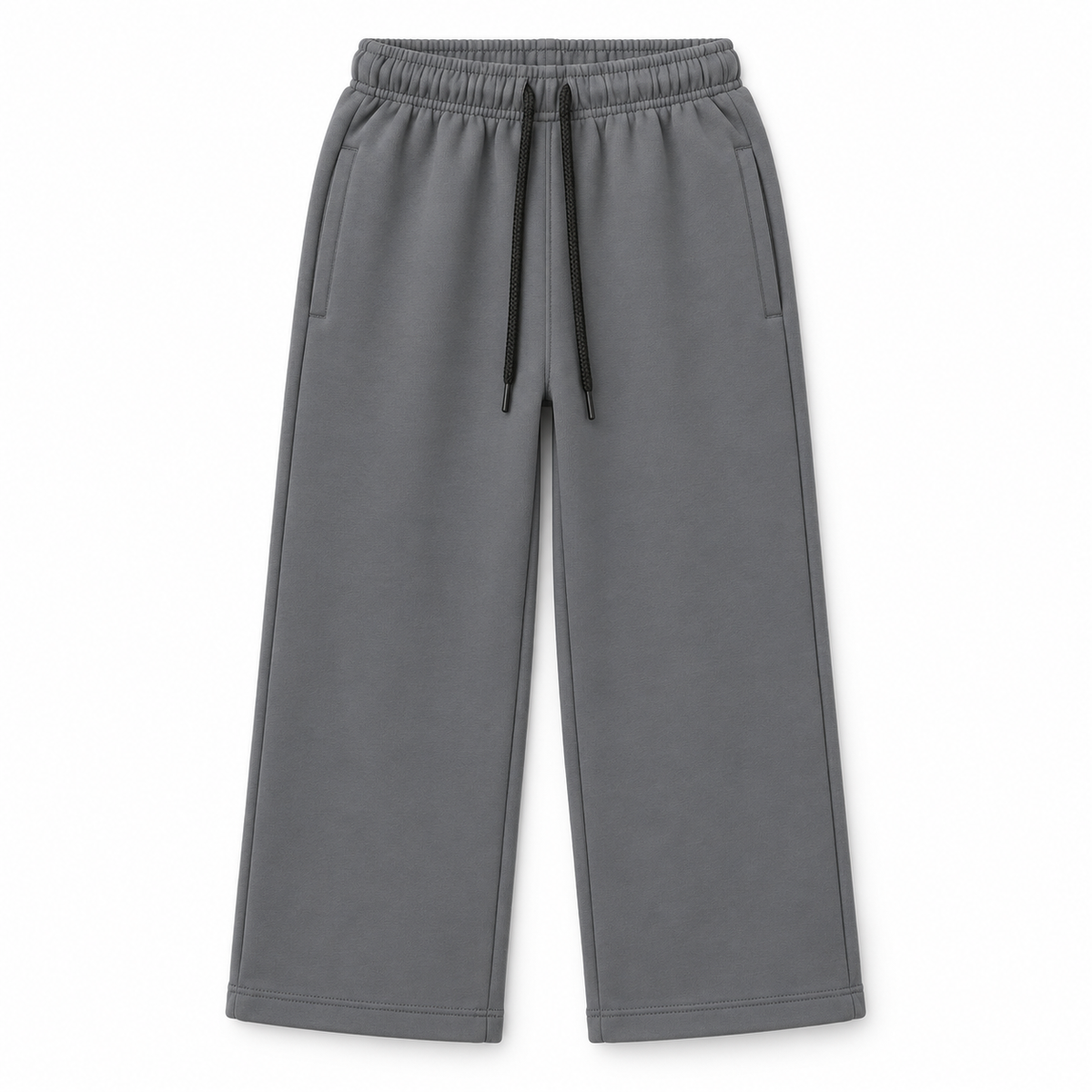 Front view of girls charcoal grey fleece trousers with side pockets and black drawstring waist