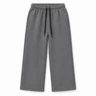 Front view of girls charcoal grey fleece trousers with side pockets and black drawstring waist