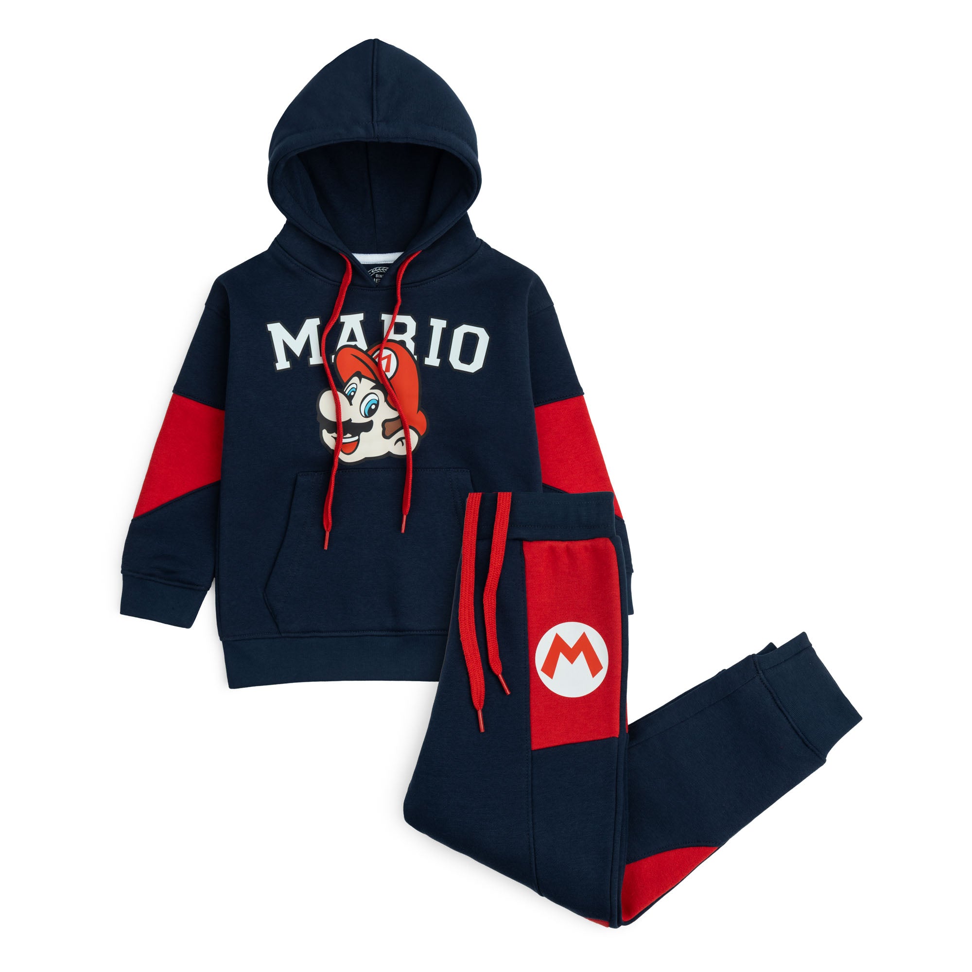 Boys navy Mario graphic hoodie and jogger set with red panels