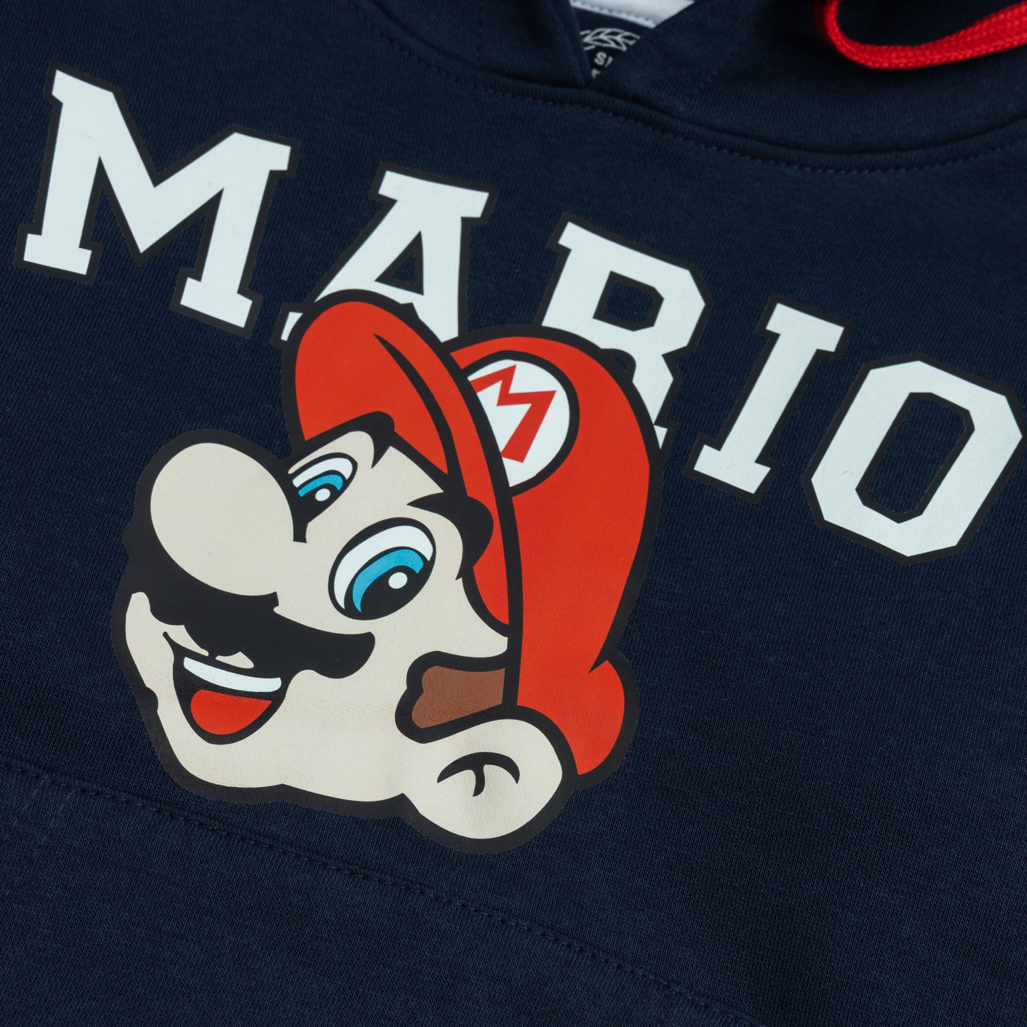 Close-up of Mario character graphic on navy boys fleece hoodie
