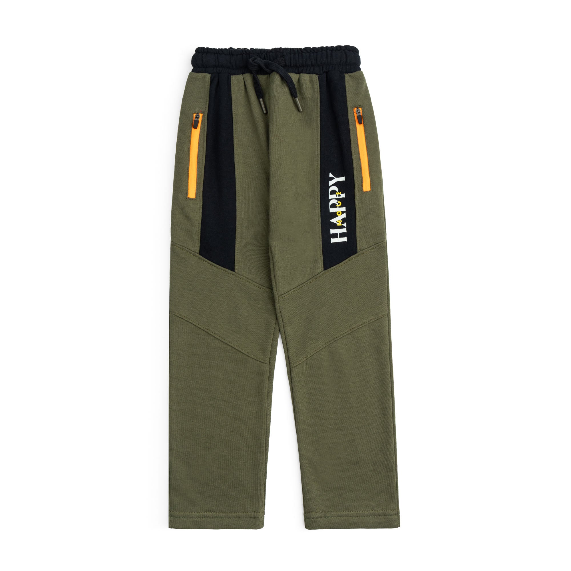 Olive green terry joggers for boys with a black elasticated waistband, matching drawstring, orange zippered pockets and contrast graphic panels.
