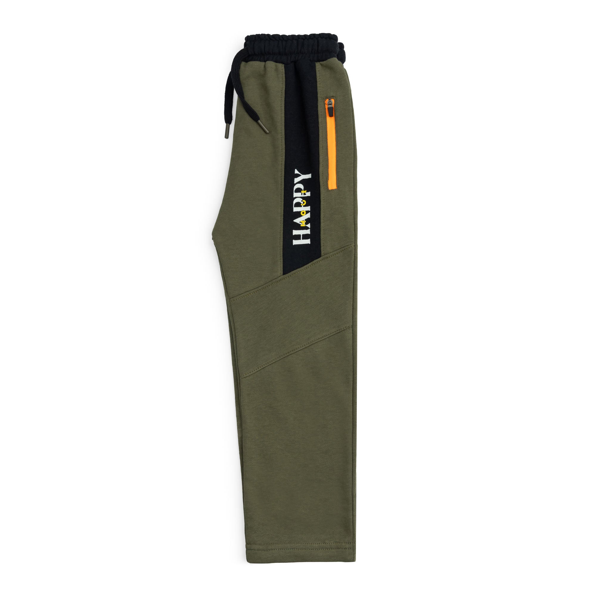 Side view of the boys olive green terry joggers showing the orange zippered pocket, black contrast panel and graphic details.