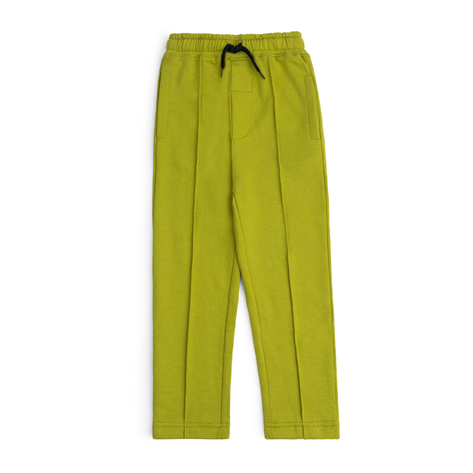 Lime green terry joggers for boys with an elasticated waistband, black drawstring, side pockets, pintuck seams and straight hems.