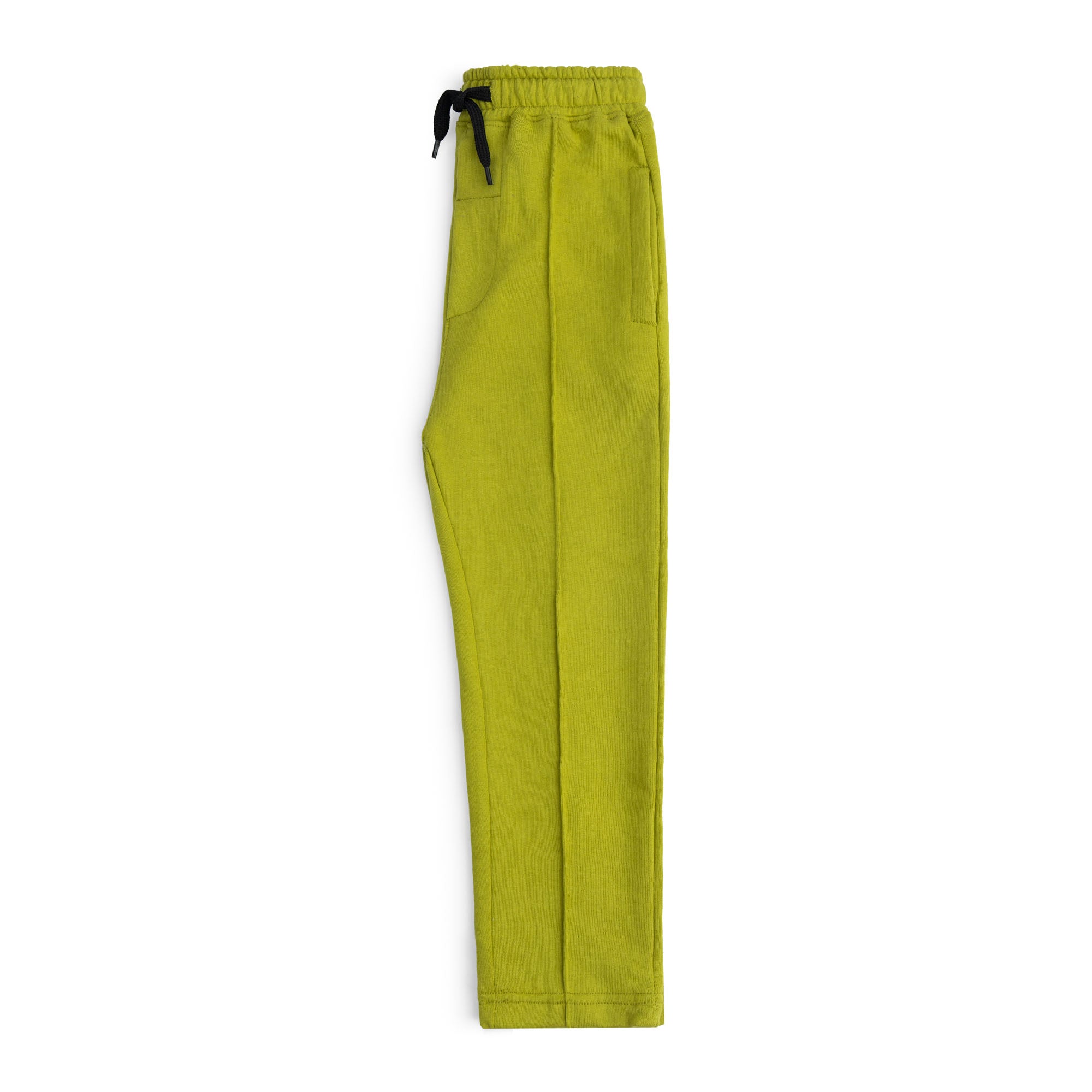 Side view of the boys lime green terry joggers showing the side pocket, pintuck seam, regular fit and straight hem.