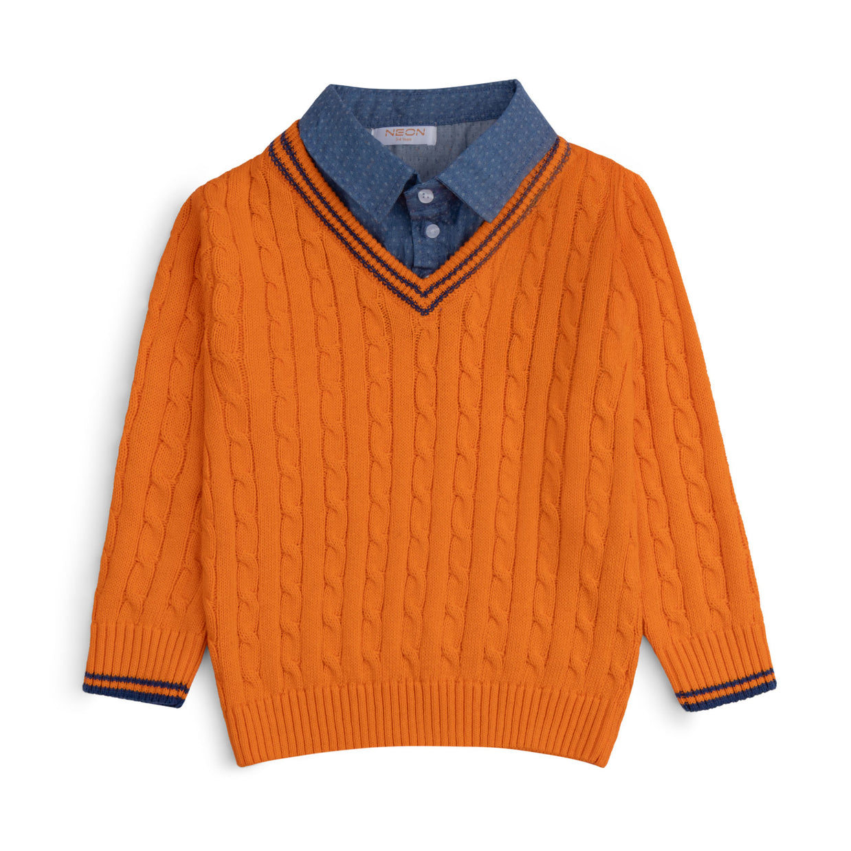 Boys orange cotton sweater featuring cable details, an attached blue patterned shirt collar, a V-neck, navy stripes and ribbed edges.