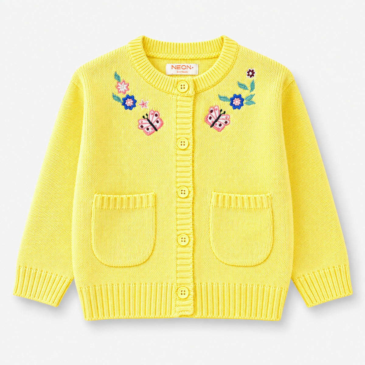 Front view of a lemon-yellow acrylic cardigan for girls, featuring colorful butterfly and floral embroidery, matching buttons and two patch pockets.