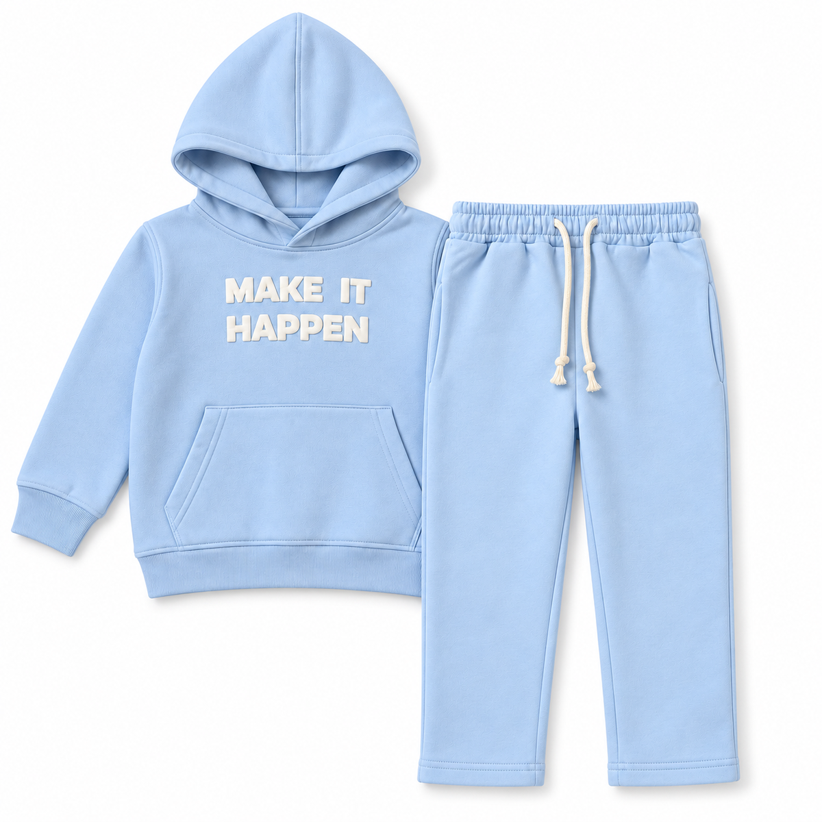 Boys light blue fleece co-ord set with slogan hoodie and matching straight-leg trousers