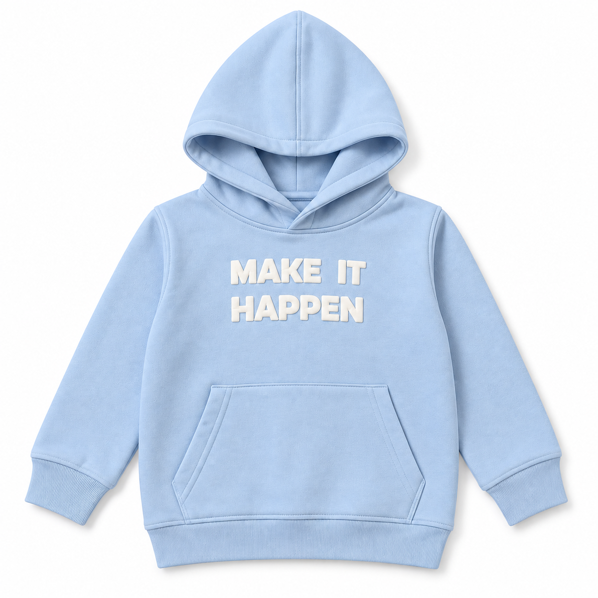 Front view of boys light blue fleece hoodie with Make It Happen slogan and kangaroo pocket
