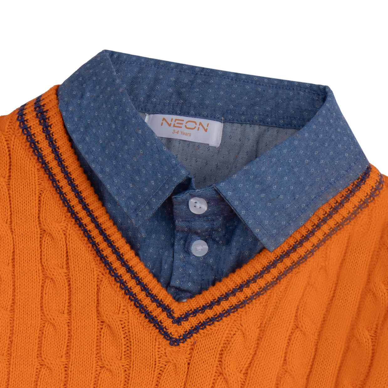 Close-up view of the attached blue patterned shirt collar, button placket and navy-striped V-neck on the boys orange cable-detail sweater.