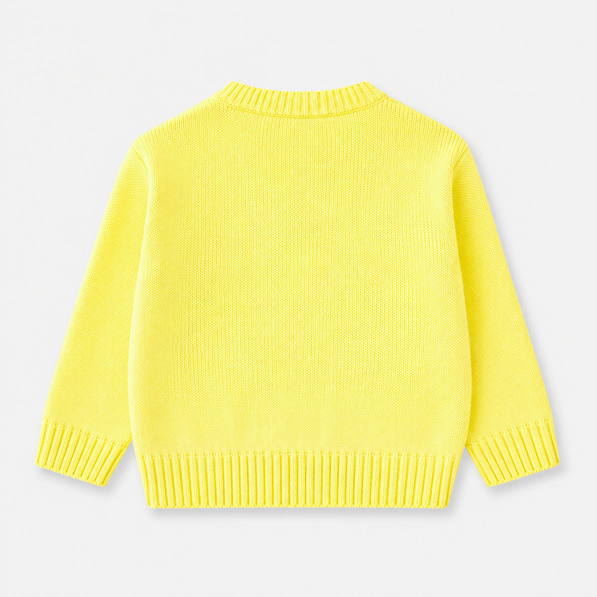 Back view of the lemon-yellow girls cardigan, showing a plain knitted finish, long sleeves and ribbed neckline, cuffs and bottom edge.