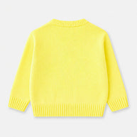 Back view of the lemon-yellow girls cardigan, showing a plain knitted finish, long sleeves and ribbed neckline, cuffs and bottom edge.