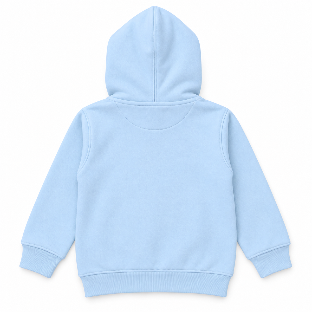 Back view of boys light blue fleece hoodie with ribbed cuffs and hem