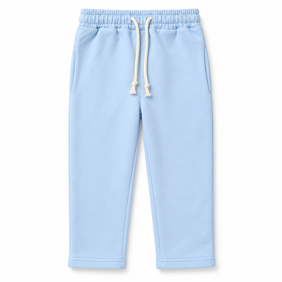 Front view of boys light blue fleece trousers with side pockets and off-white drawstring waist