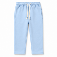 Front view of boys light blue fleece trousers with side pockets and off-white drawstring waist