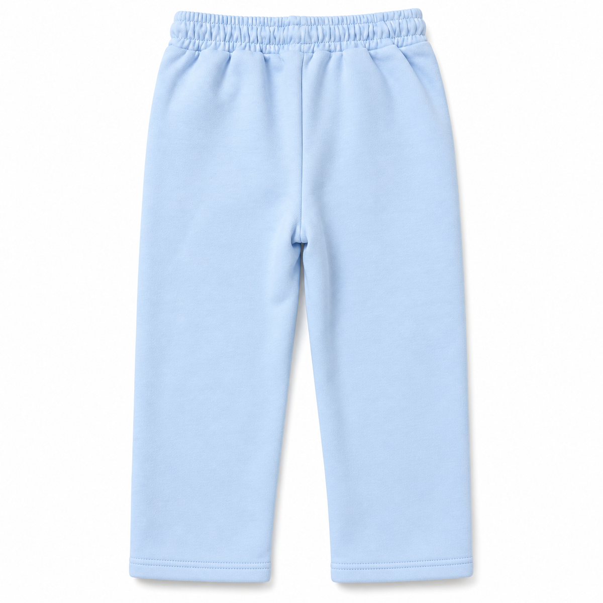 Back view of boys light blue fleece straight-leg trousers with elasticated waistband