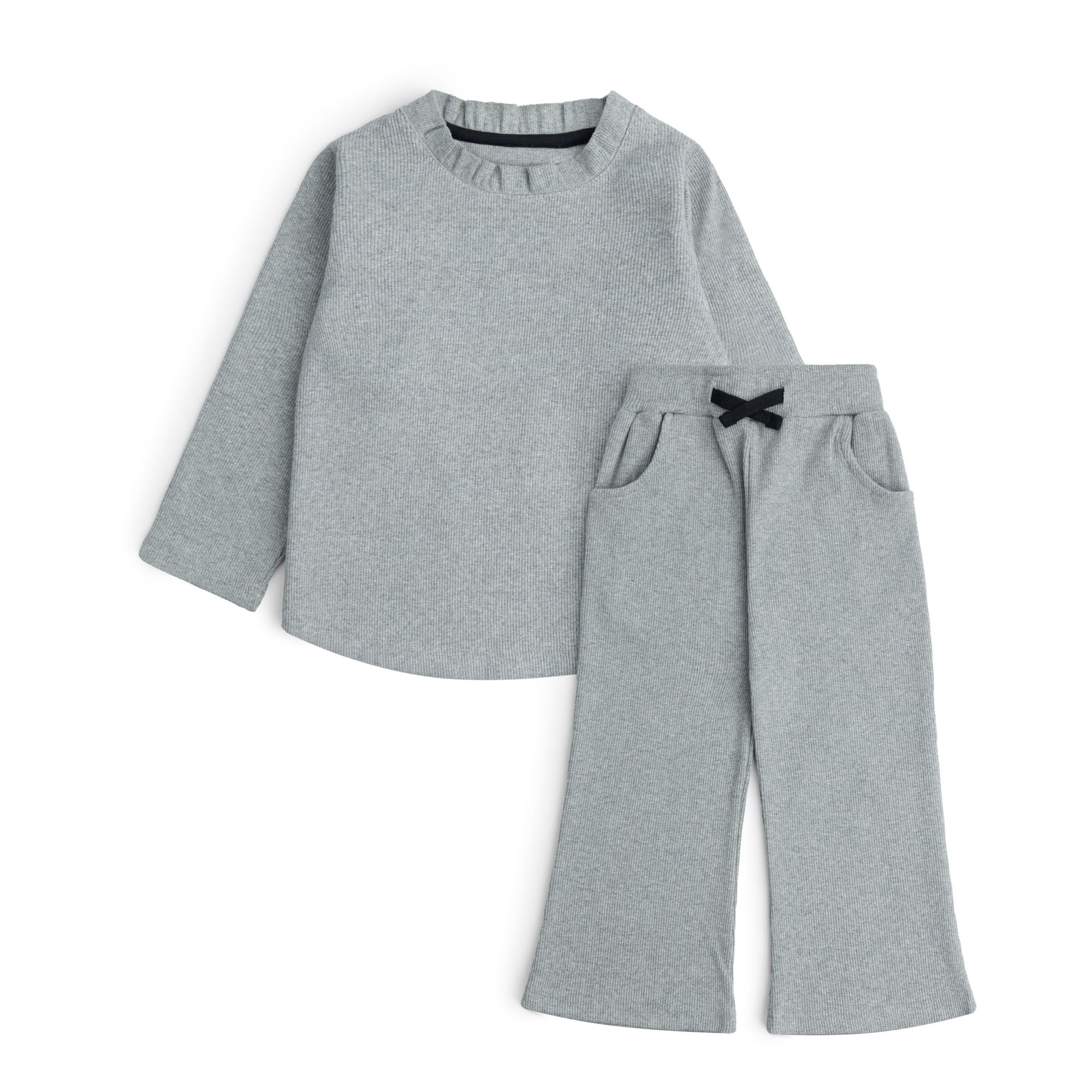 Girls light grey ribbed co-ord set featuring a long-sleeve crew neck top and matching wide-leg trousers with curved front pockets.