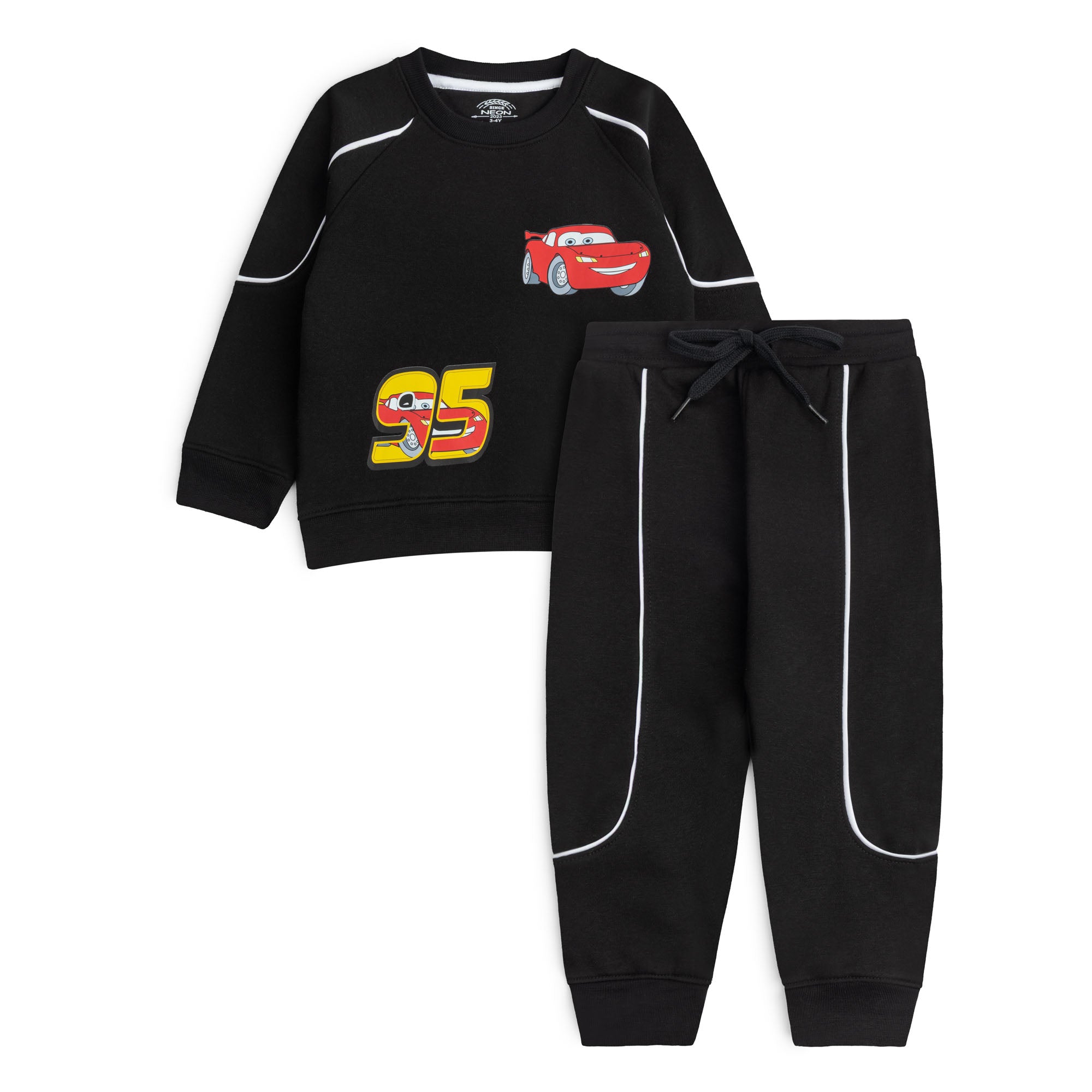 Black boys’ sweatshirt and jogger set with colorful racing car graphics, number 95 design and contrast white piping.